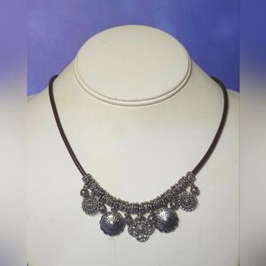 Chaps Silver Tone Charm Brown Cord Necklace